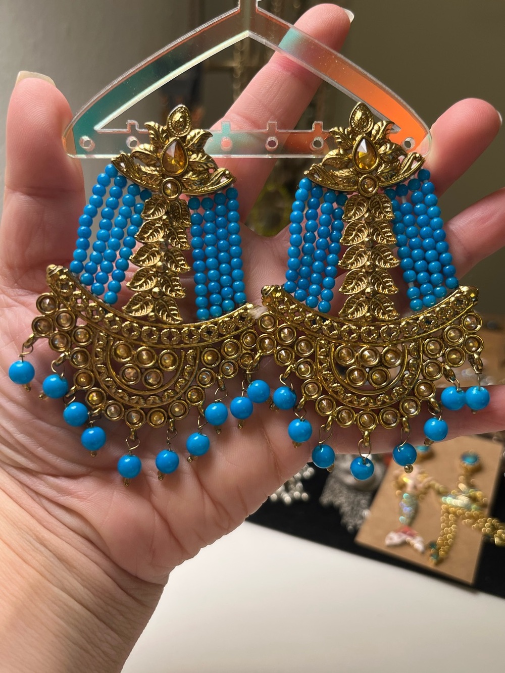 NWOT Turquoise Tone Indian Kundan Gold-Plated Statement Earrings